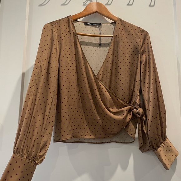 Zara Tops - Zara Tan Polka Dot Wrap Blouse